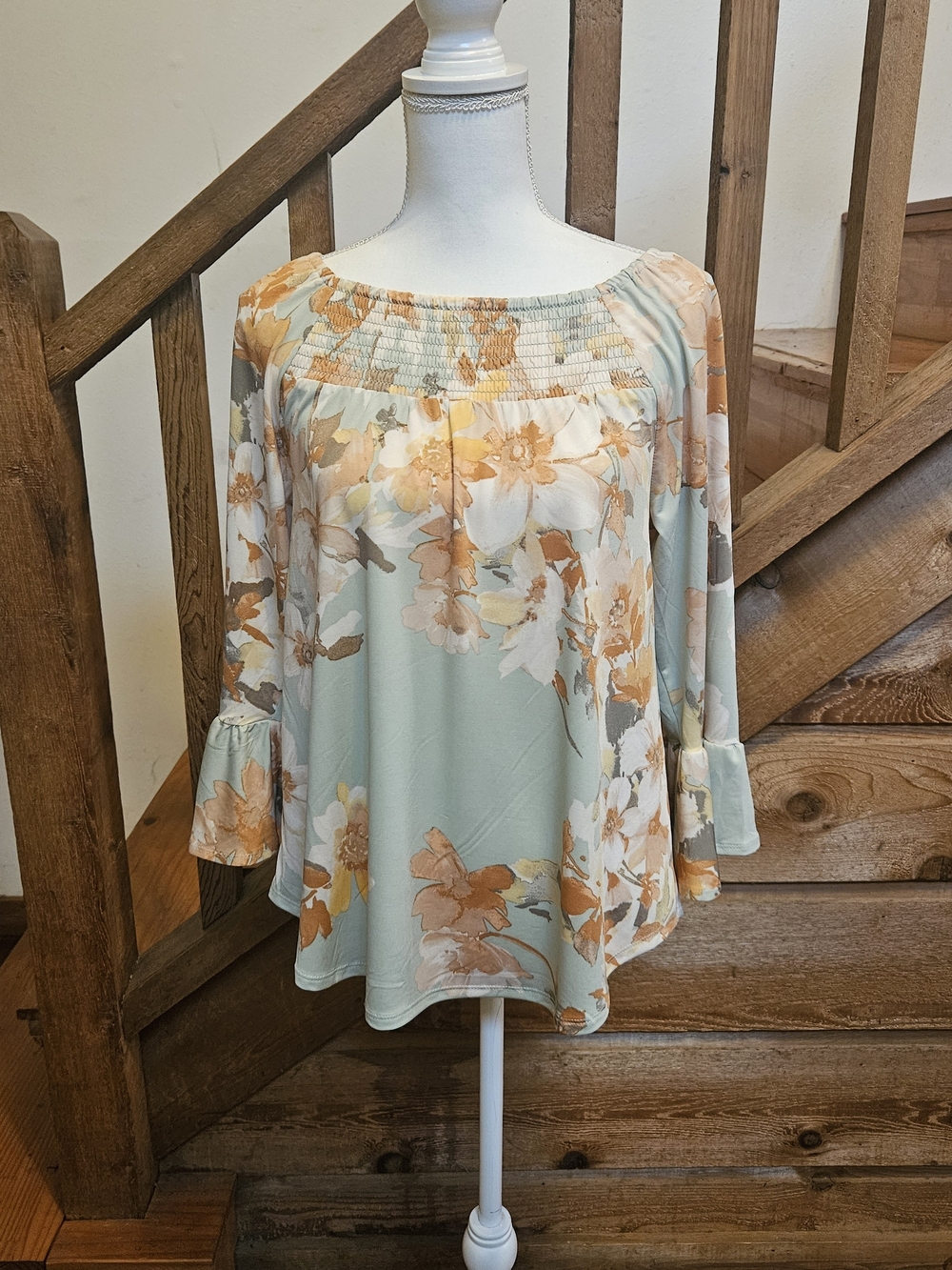 Ava & Grace Floral Smocked Off-Shoulder Top - Mint & Peach